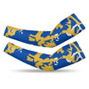 Athletic sports compression arm sleeve for youth and adult football, basketball, baseball, and softball printed with camo blue, yellow, and white colors. 