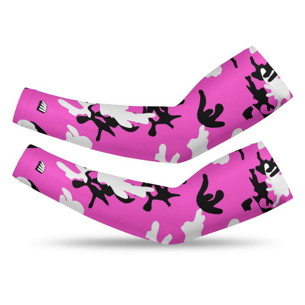 Athletic sports compression arm sleeve for youth and adult football, basketball, baseball, and softball printed with camo pink, white, and black colors. 