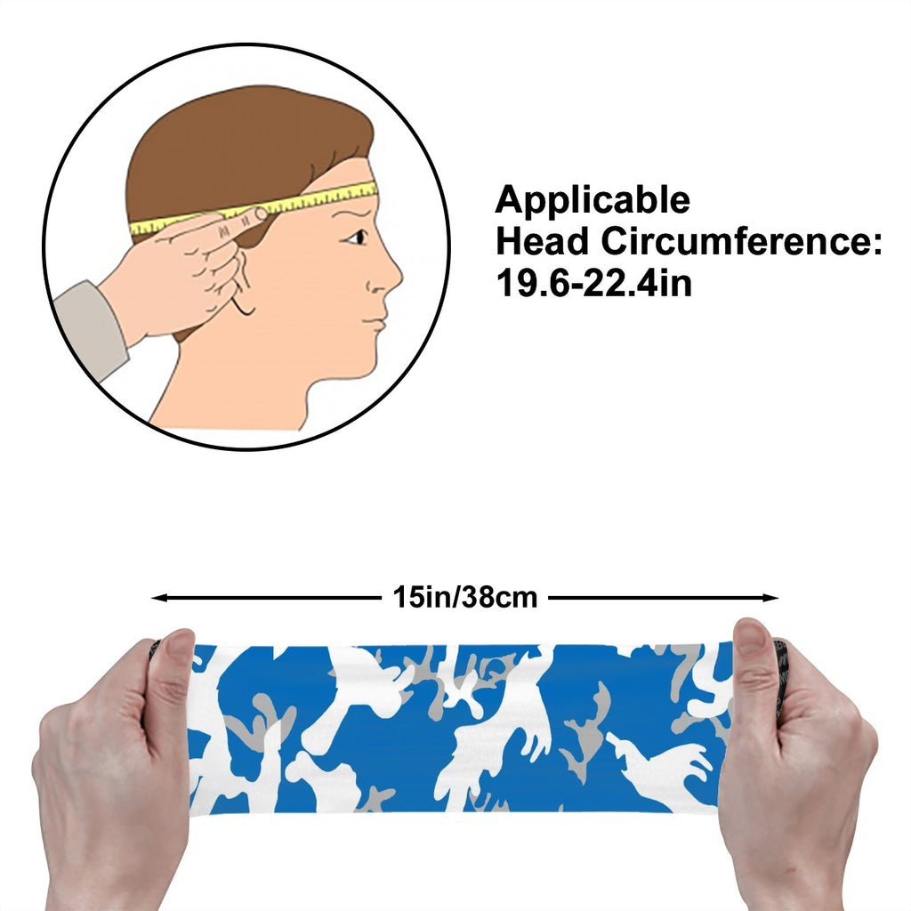 Athletic sports sweatband wide headband for youth and adult football, basketball, baseball, softball, gym workout, printed with light blue, white, and gray colors. 