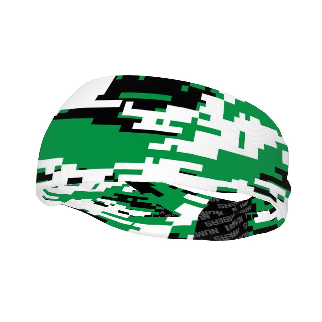 Athletic sports sweatband wide headband for youth and adult football, basketball, baseball, softball, gym workout, printed with green, black, and white colors. 