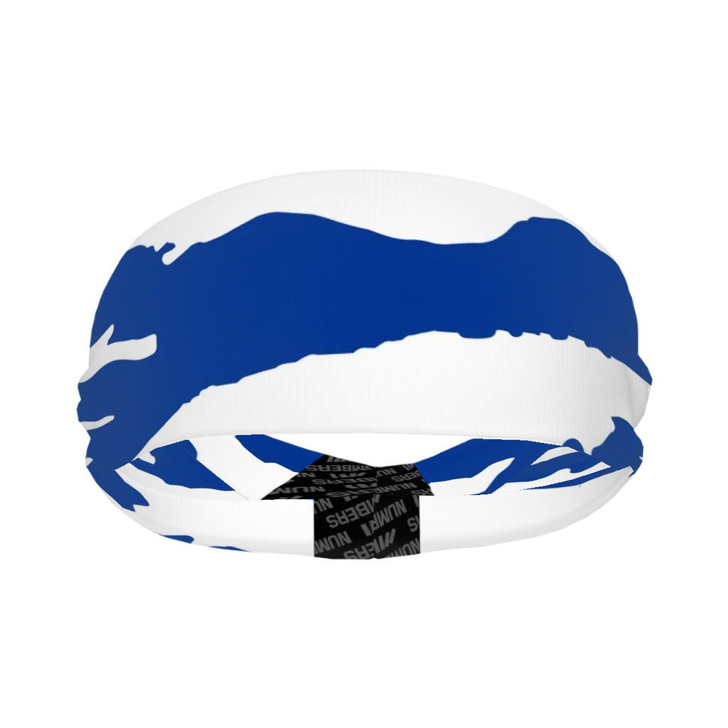 Athletic sports sweatband wide headband for youth and adult football, basketball, baseball, softball, gym workout, printed with royal blue and white colors. 