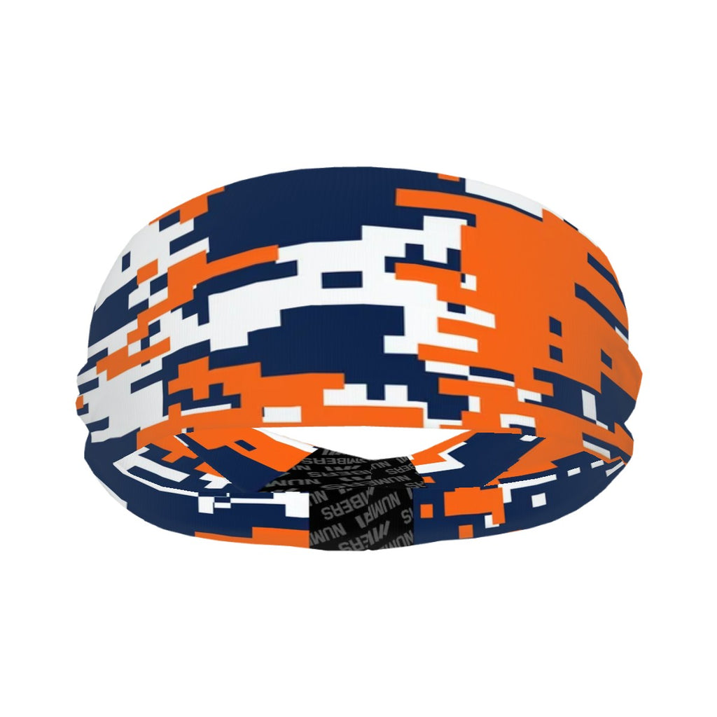Athletic sports sweatband wide headband for youth and adult football, basketball, baseball, softball, gym workout, printed with navy blue, orange, and white colors. 