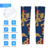 Athletic sports compression arm sleeve for youth and adult football, basketball, baseball, and softball printed with camo navy blue, gold, and red colors.