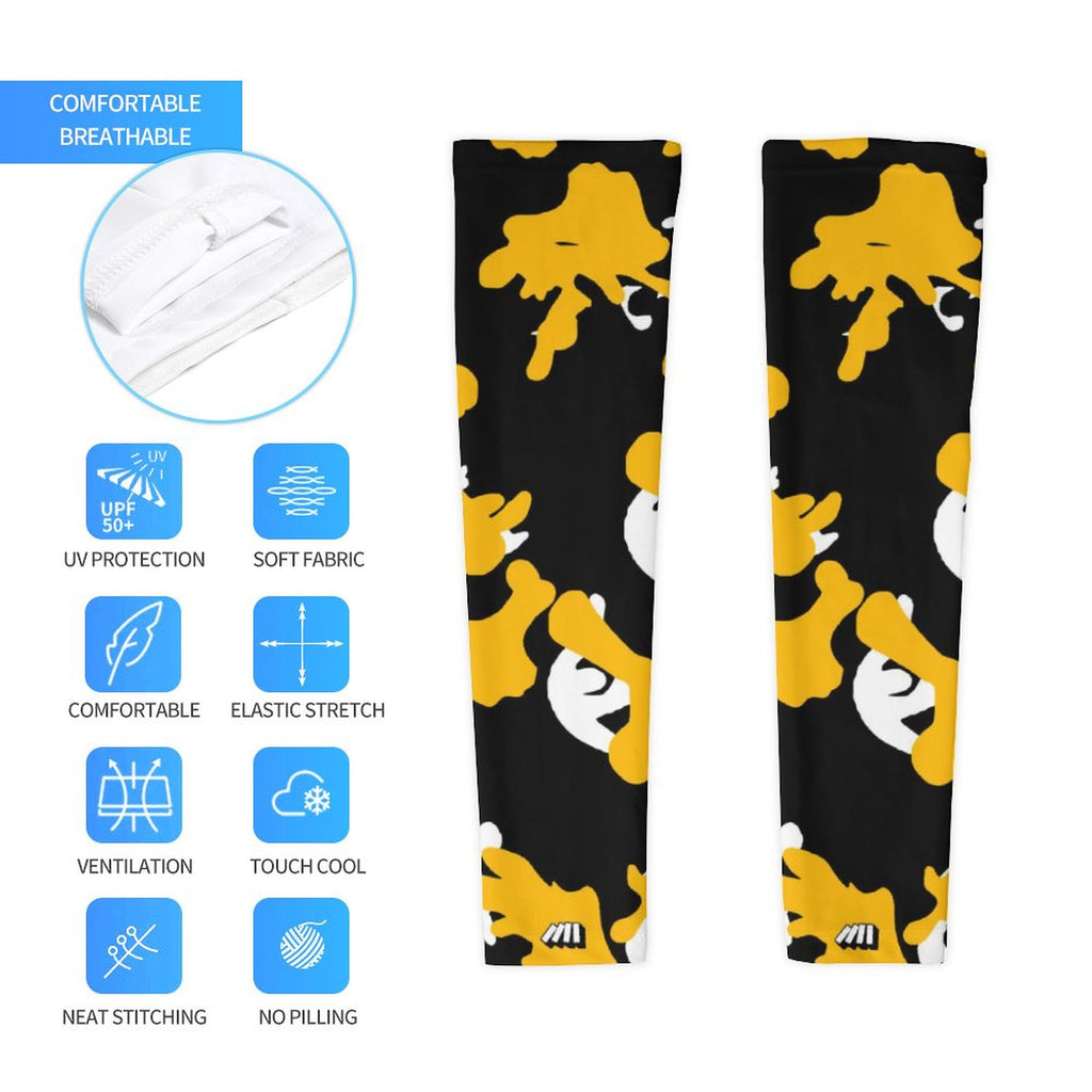 Athletic sports compression arm sleeve for youth and adult football, basketball, baseball, and softball printed with camo black, yellow, and white colors. 