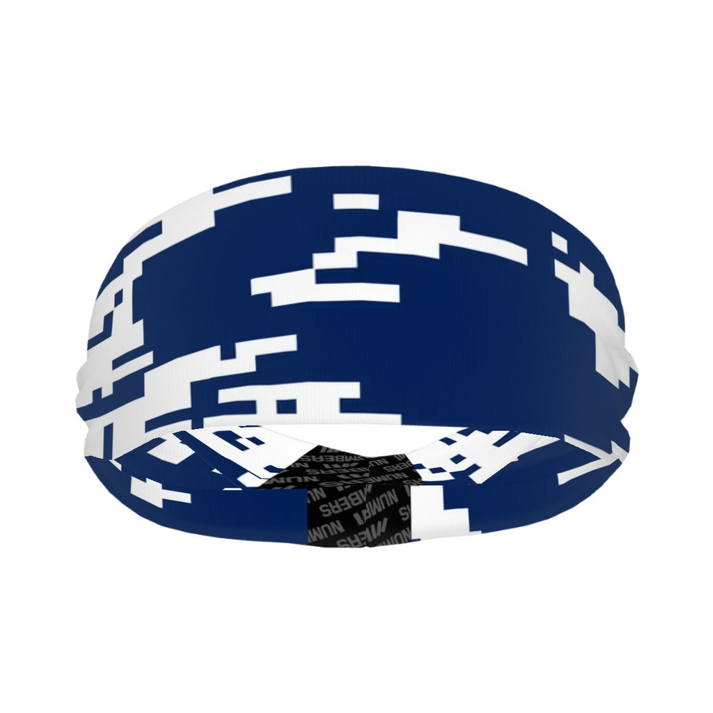 Athletic sports sweatband wide headband for youth and adult football, basketball, baseball, softball, gym workout, printed with navy blue and white colors. 