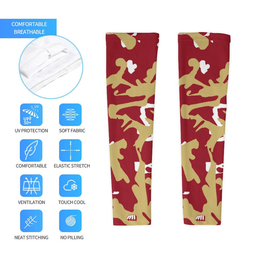 Athletic sports compression arm sleeve for youth and adult football, basketball, baseball, and softball printed with camo maroon, gold, and white colors. 