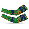 Athletic sports compression arm sleeve for youth and adult football, basketball, baseball, and softball printed with digicamo navy blue, gold, and green colors. 