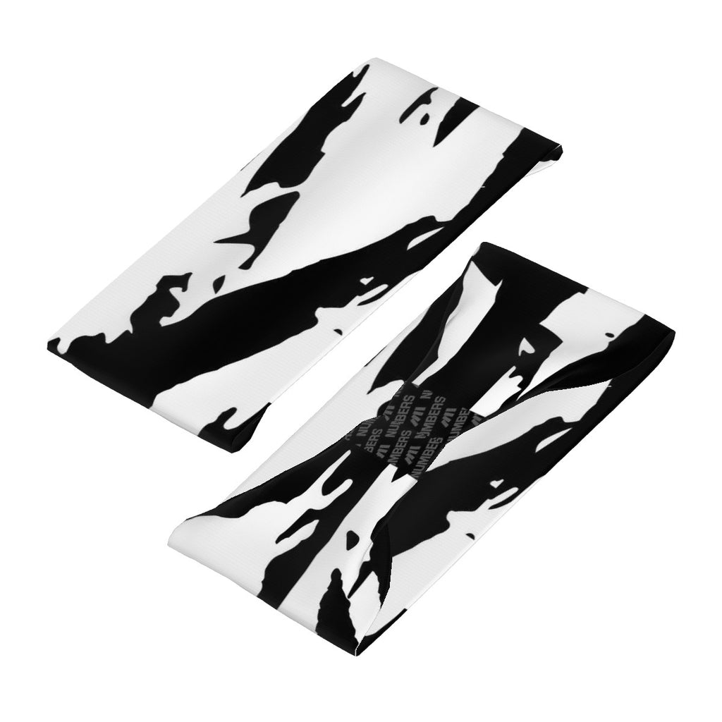 Athletic sports sweatband wide headband for youth and adult football, basketball, baseball, softball, gym workout, printed with black, and white colors. 