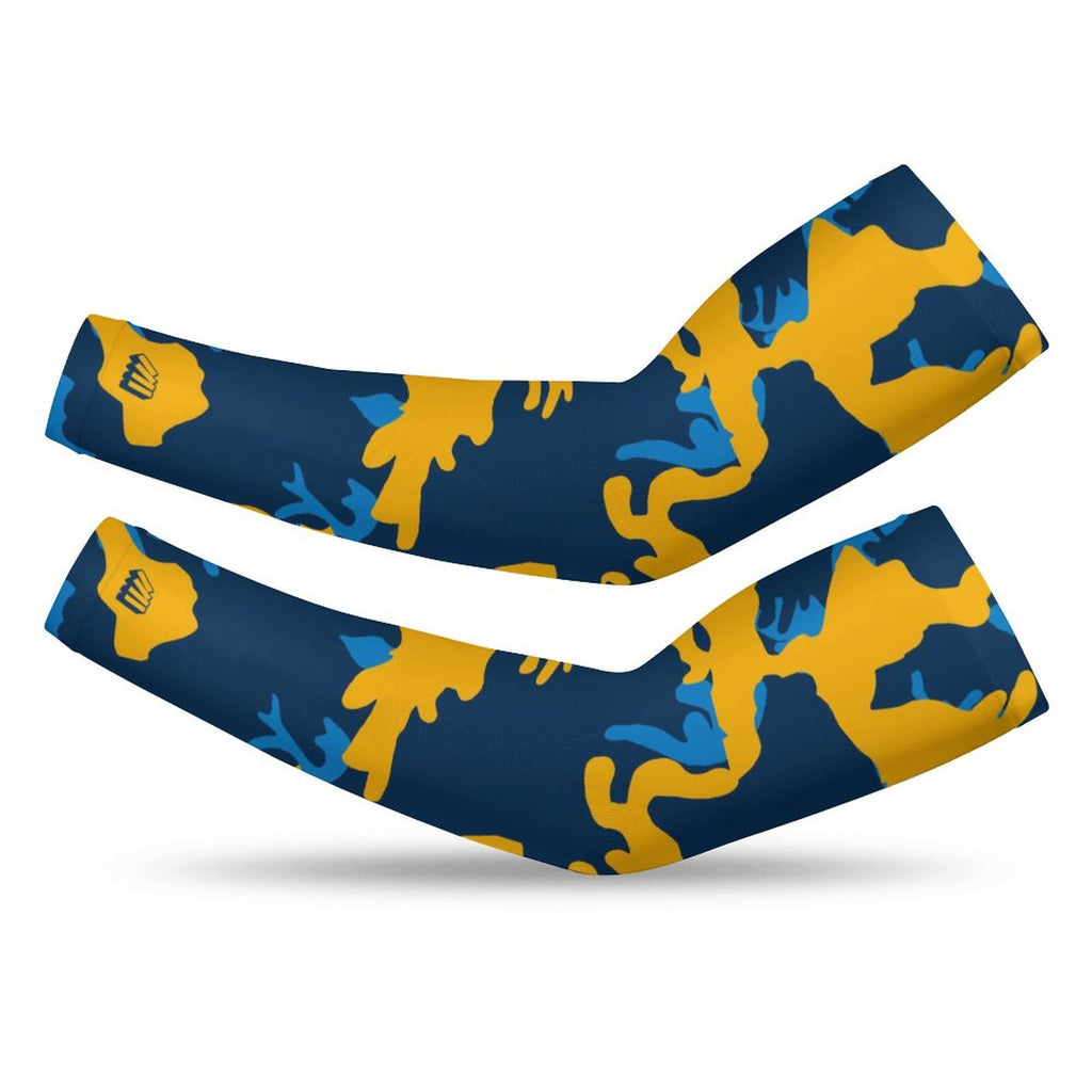 Athletic sports compression arm sleeve for youth and adult football, basketball, baseball, and softball printed with camo blue, light blue, and yellow colors.