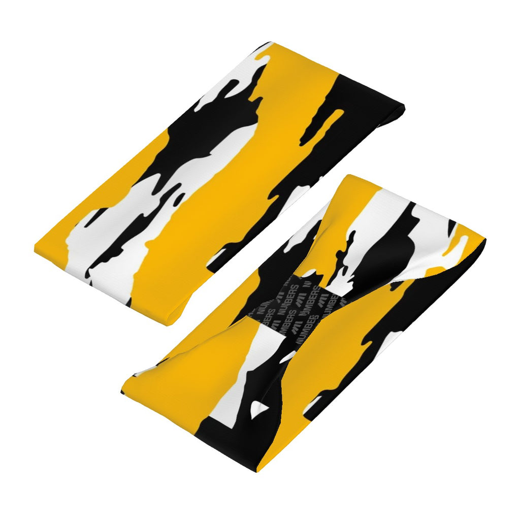 Athletic sports sweatband wide headband for youth and adult football, basketball, baseball, softball, gym workout, printed with black, yellow, and white colors. 