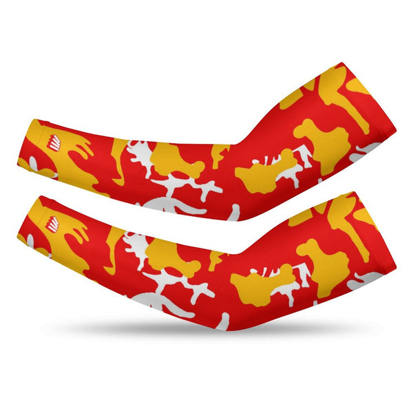 Athletic sports compression arm sleeve for youth and adult football, basketball, baseball, and softball printed with camo red, yellow, and white colors. 