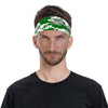 Athletic sports sweatband wide headband for youth and adult football, basketball, baseball, softball, gym workout, printed with green, grey, and white colors.