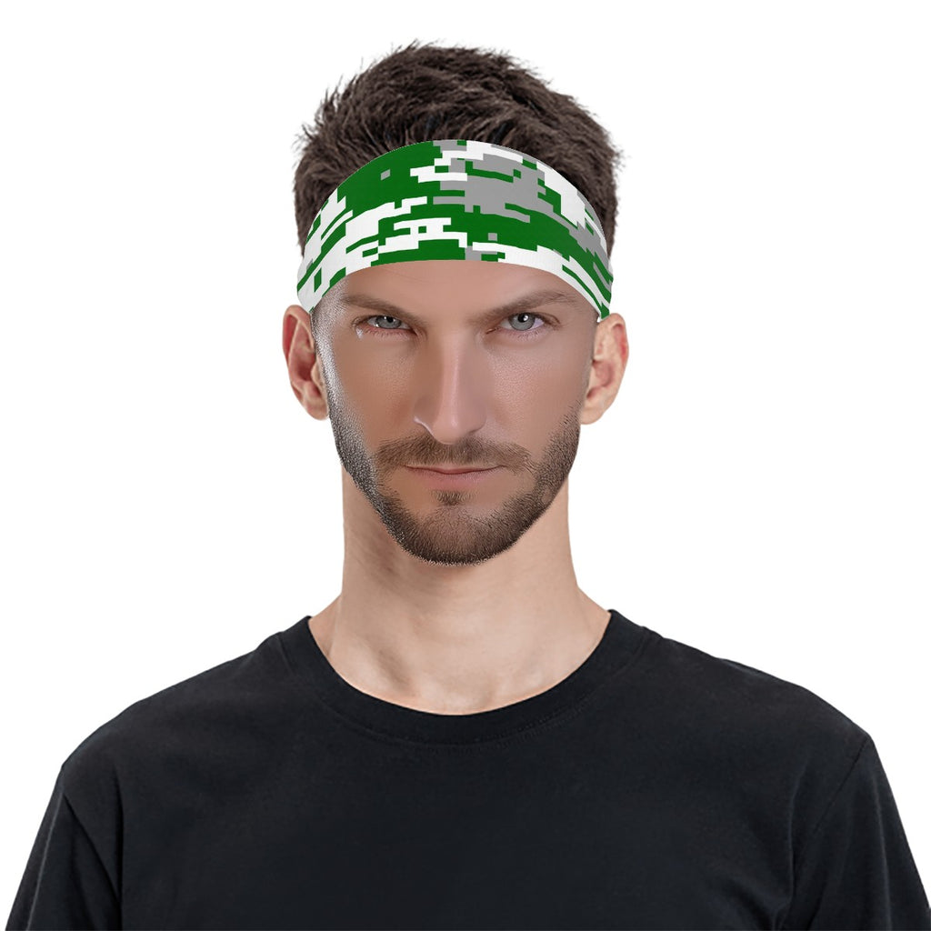 Athletic sports sweatband wide headband for youth and adult football, basketball, baseball, softball, gym workout, printed with green, grey, and white colors.