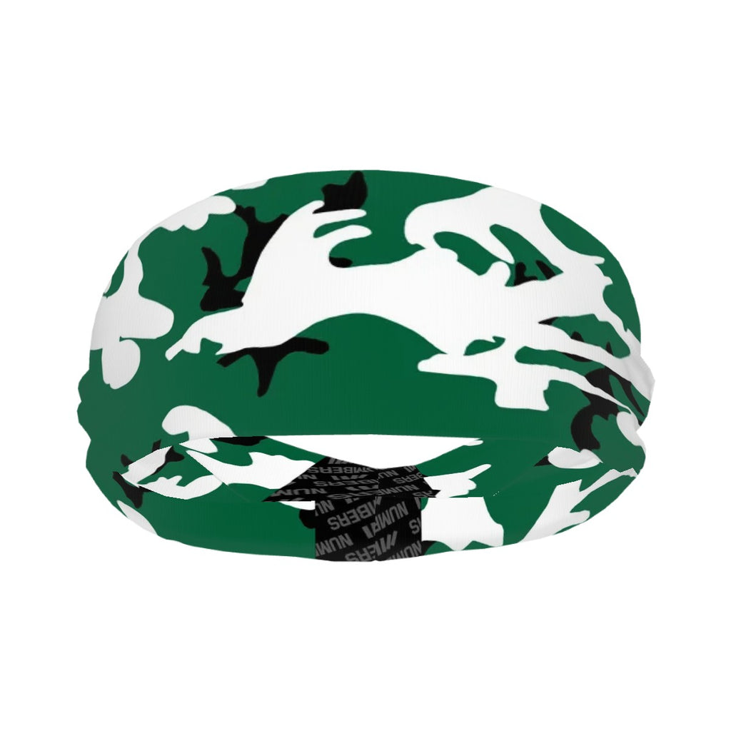 Athletic sports sweatband wide headband for youth and adult football, basketball, baseball, softball, gym workout, printed with green, white, and black colors. 