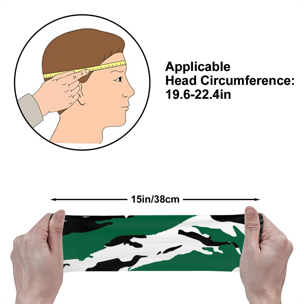 Athletic sports sweatband wide headband for youth and adult football, basketball, baseball, softball, gym workout, printed with green, white, and black colors. 