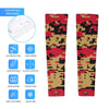 Athletic sports compression arm sleeve for youth and adult football, basketball, baseball, and softball printed with digicamo red, gold, and black colors.