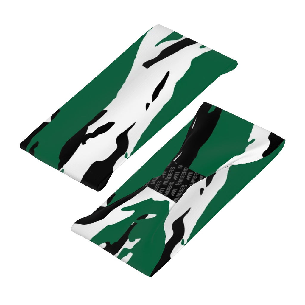 Athletic sports sweatband wide headband for youth and adult football, basketball, baseball, softball, gym workout, printed with green, white, and black colors. 