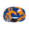 Athletic sports sweatband wide headband for youth and adult football, basketball, baseball, softball, gym workout, printed with royal blue, orange, and white colors. 
