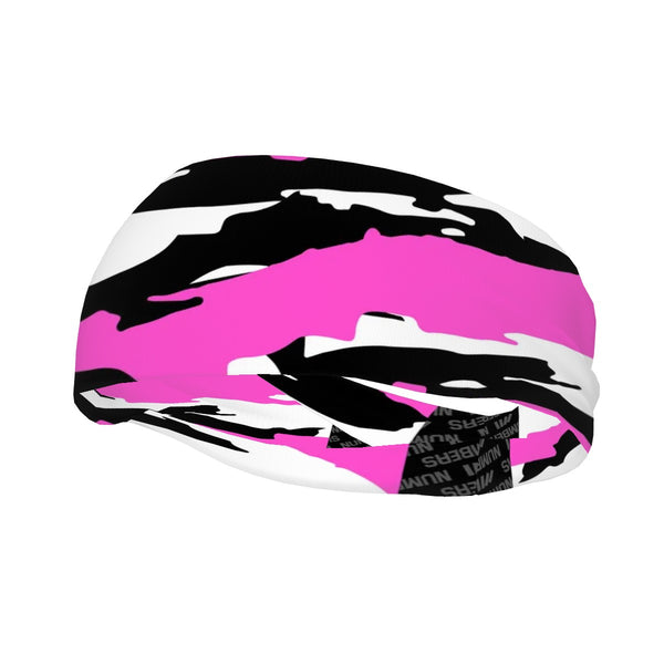 Athletic sports sweatband wide headband for youth and adult football, basketball, baseball, softball, gym workout, printed with pink, white, and black colors. 