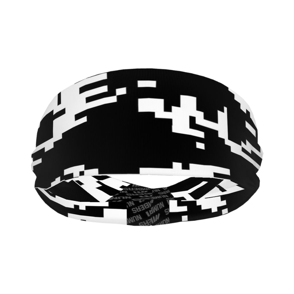 Athletic sports sweatband wide headband for youth and adult football, basketball, baseball, softball, gym workout, printed with black, and white colors. 
