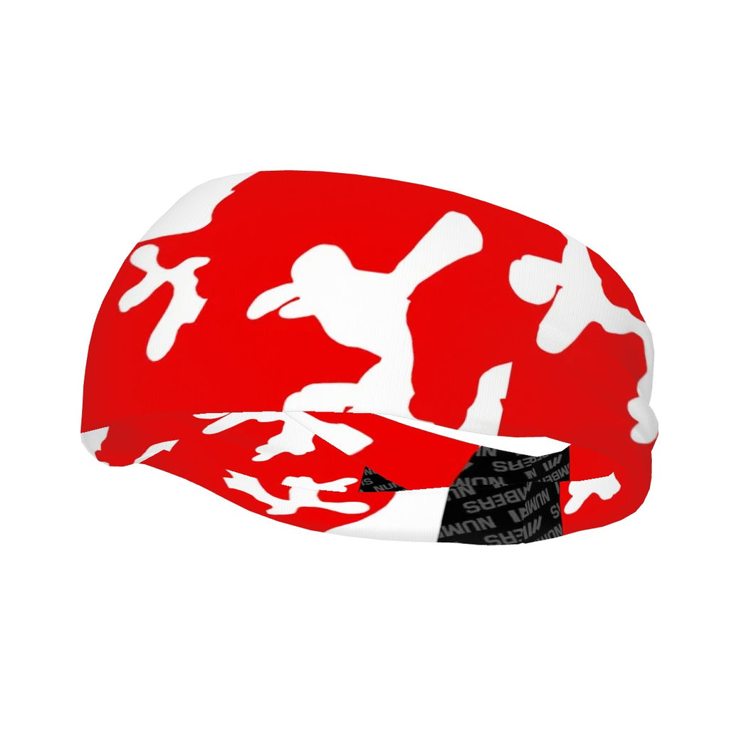 Athletic sports sweatband wide headband for youth and adult football, basketball, baseball, softball, gym workout, printed with red and white colors. 