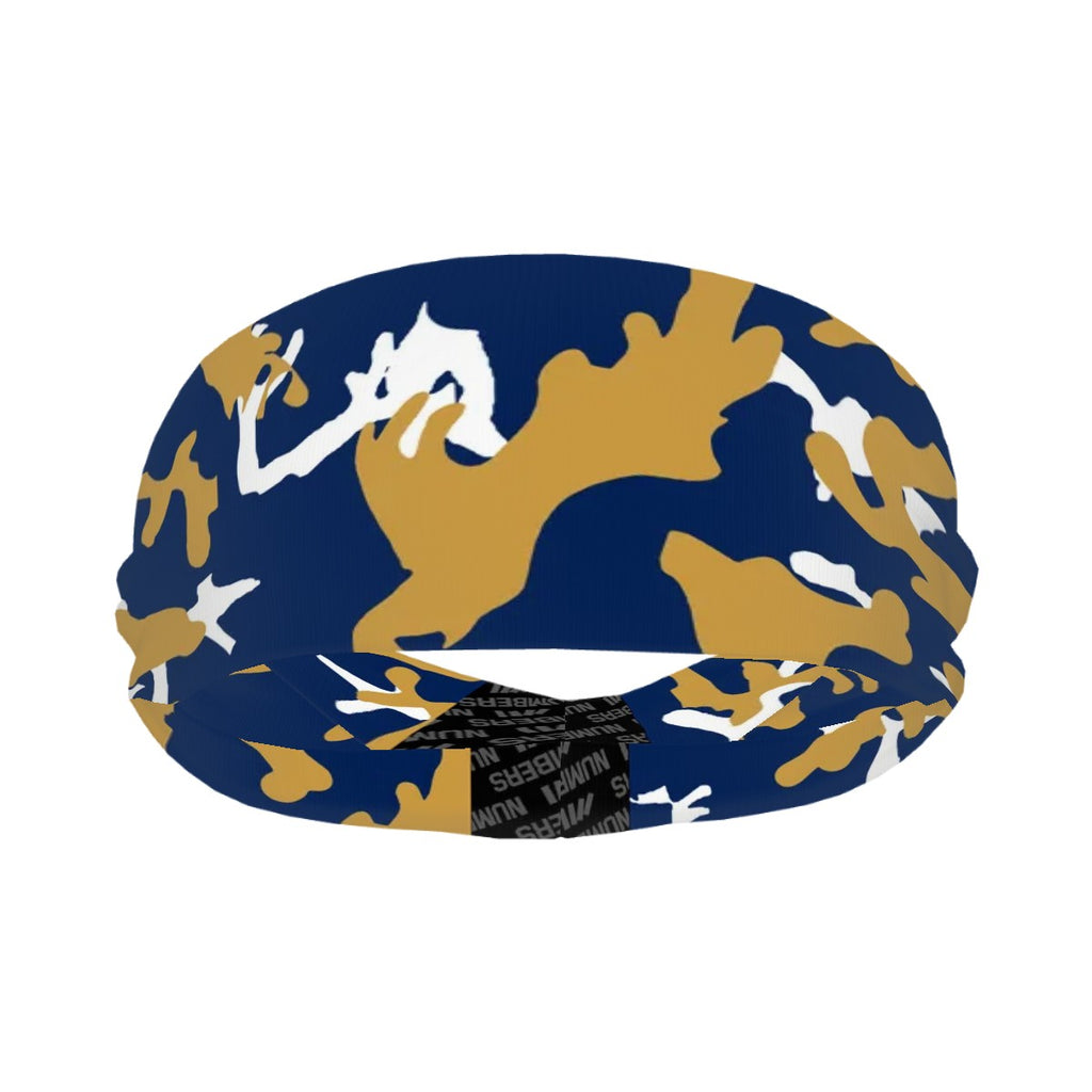 Athletic sports sweatband wide headband for youth and adult football, basketball, baseball, softball, gym workout, printed with navy blue, gold, and white colors. 