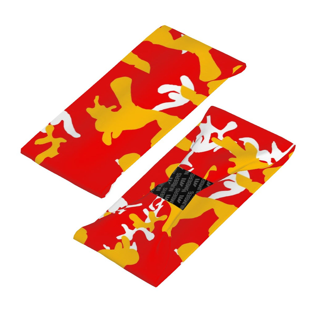 Athletic sports sweatband wide headband for youth and adult football, basketball, baseball, softball, gym workout, printed with red, yellow, and white colors. 
