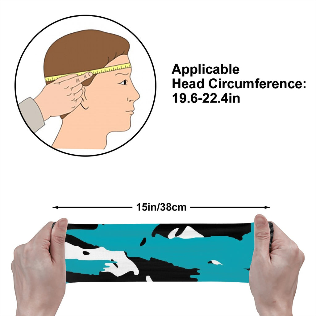Athletic sports sweatband wide headband for youth and adult football, basketball, baseball, softball, gym workout, printed with turquoise, black, and white colors. 