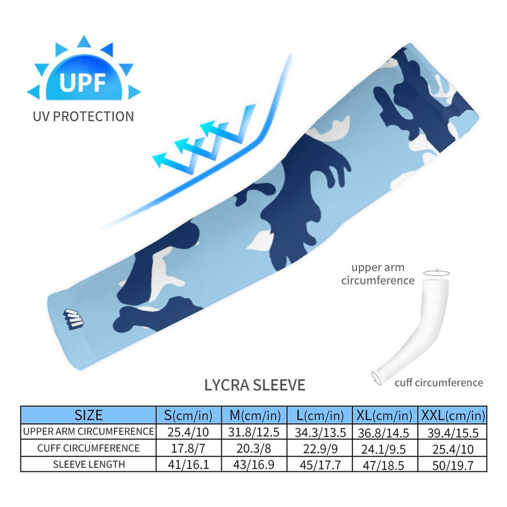 Athletic sports compression arm sleeve for youth and adult football, basketball, baseball, and softball printed with camo baby blue, navy blue, and white colors. 