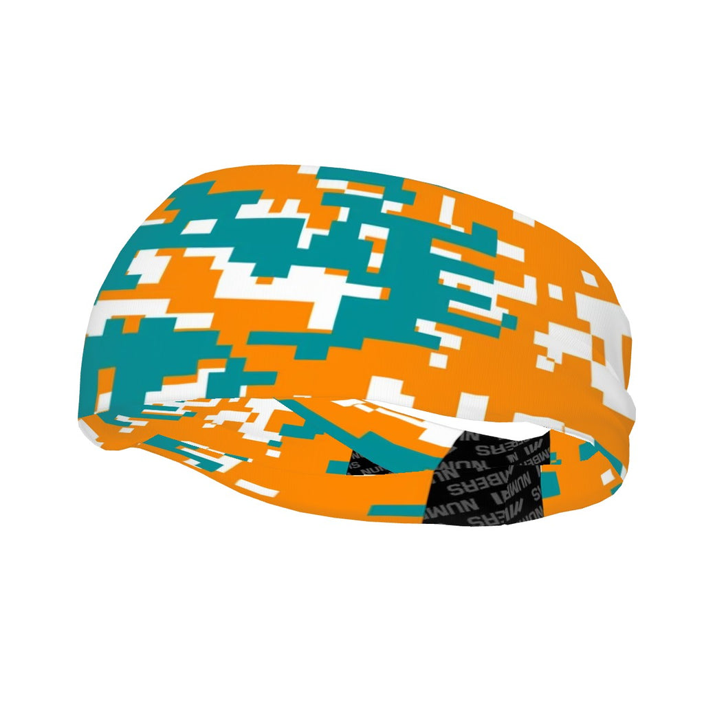 Athletic sports sweatband wide headband for youth and adult football, basketball, baseball, softball, gym workout, printed with aqua, orange, and white colors. 
