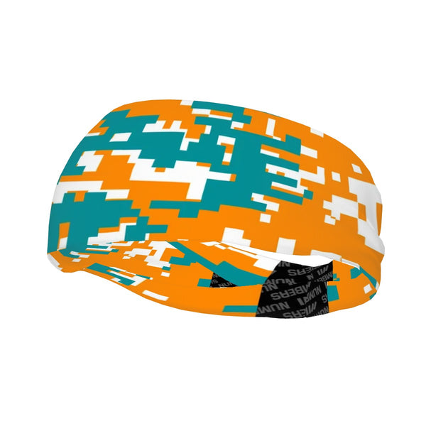 Athletic sports sweatband wide headband for youth and adult football, basketball, baseball, softball, gym workout, printed with aqua, orange, and white colors. 