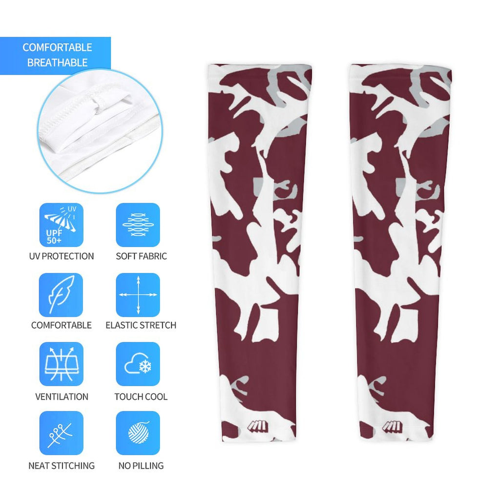 Athletic sports compression arm sleeve for youth and adult football, basketball, baseball, and softball printed with camo maroon, white, and gray colors. 