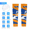 Athletic sports compression arm sleeve for youth and adult football, basketball, baseball, and softball printed with predator blue, orange, and white colors. 