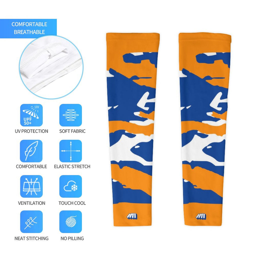 Athletic sports compression arm sleeve for youth and adult football, basketball, baseball, and softball printed with predator blue, orange, and white colors. 
