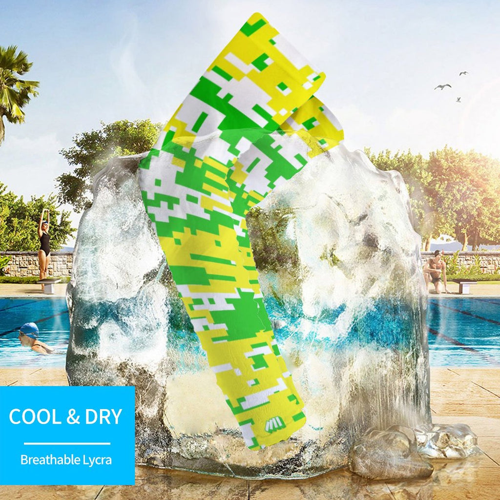 Athletic sports compression arm sleeve for youth and adult football, basketball, baseball, and softball printed with digicamo neon yellow, neon green, and white colors. 