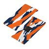 Athletic sports sweatband wide headband for youth and adult football, basketball, baseball, softball, gym workout, printed with navy blue, orange, and white colors. 