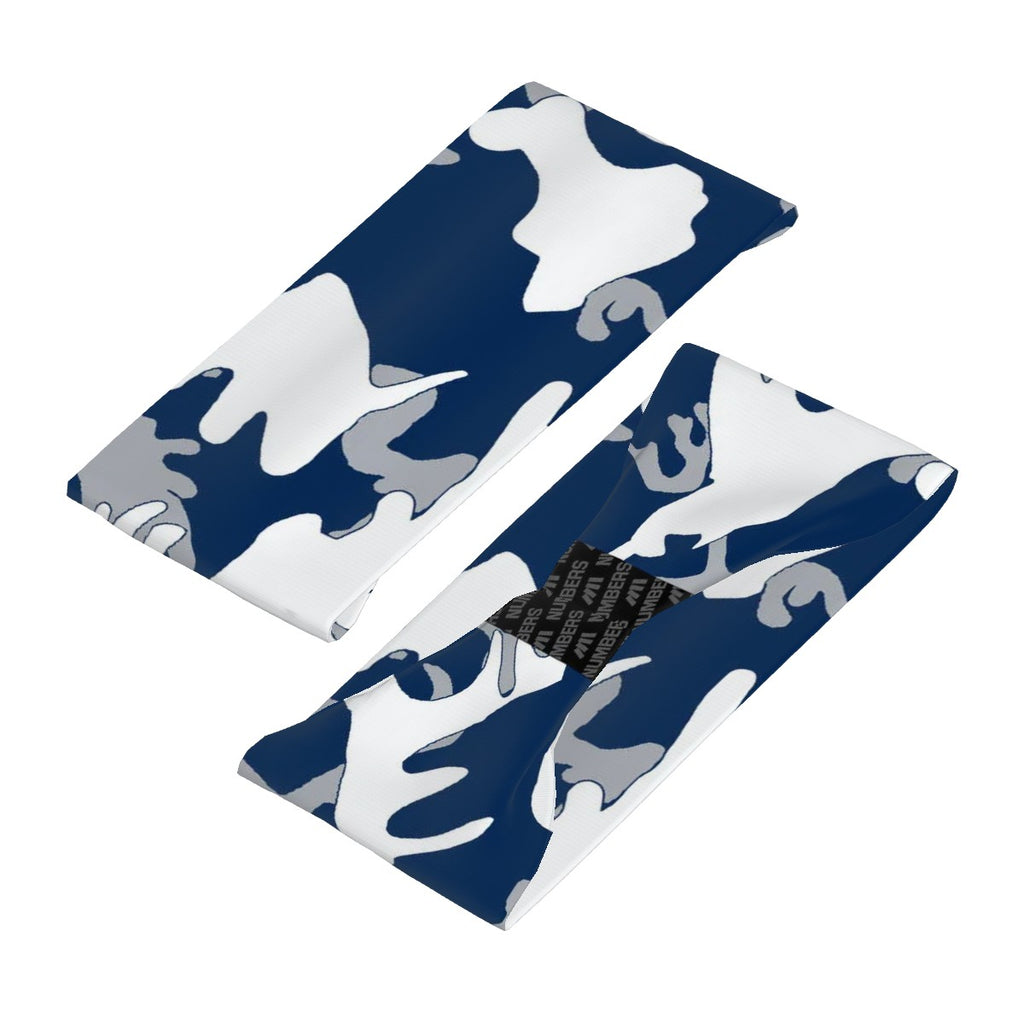 Athletic sports sweatband wide headband for youth and adult football, basketball, baseball, softball, gym workout, printed with navy blue, gray,  and white colors