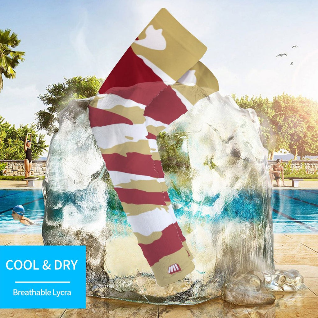 Athletic sports compression arm sleeve for youth and adult football, basketball, baseball, and softball printed with predator maroon, gold, and white colors.