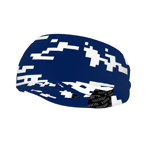 Athletic sports sweatband wide headband for youth and adult football, basketball, baseball, softball, gym workout, printed with navy blue and white colors. 