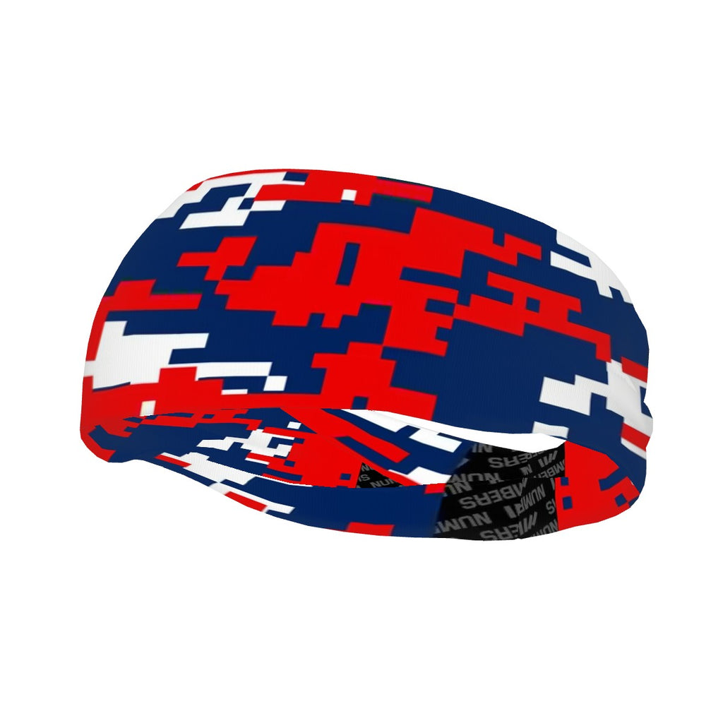 Athletic sports sweatband wide headband for youth and adult football, basketball, baseball, softball, gym workout, printed with navy blue, red, and white colors.