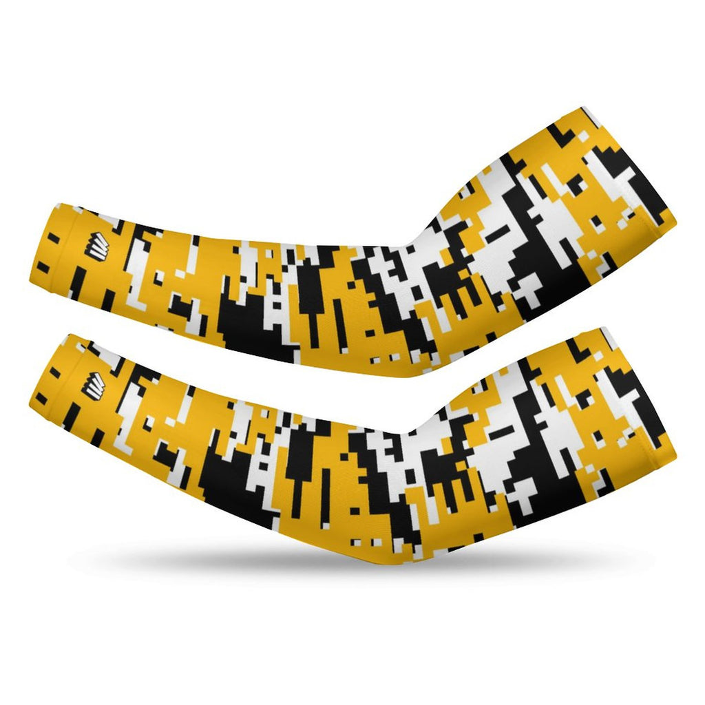 Athletic sports compression arm sleeve for youth and adult football, basketball, baseball, and softball printed with digicamo black, yellow, and white colors. 