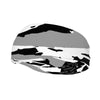 Athletic sports sweatband wide headband for youth and adult football, basketball, baseball, softball, gym workout, printed with black, gray, and white colors.
