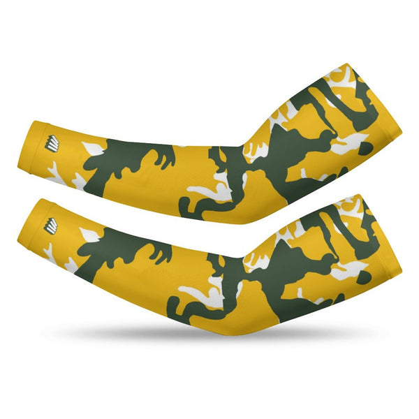 Athletic sports compression arm sleeve for youth and adult football, basketball, baseball, and softball printed with camo green, yellow, white