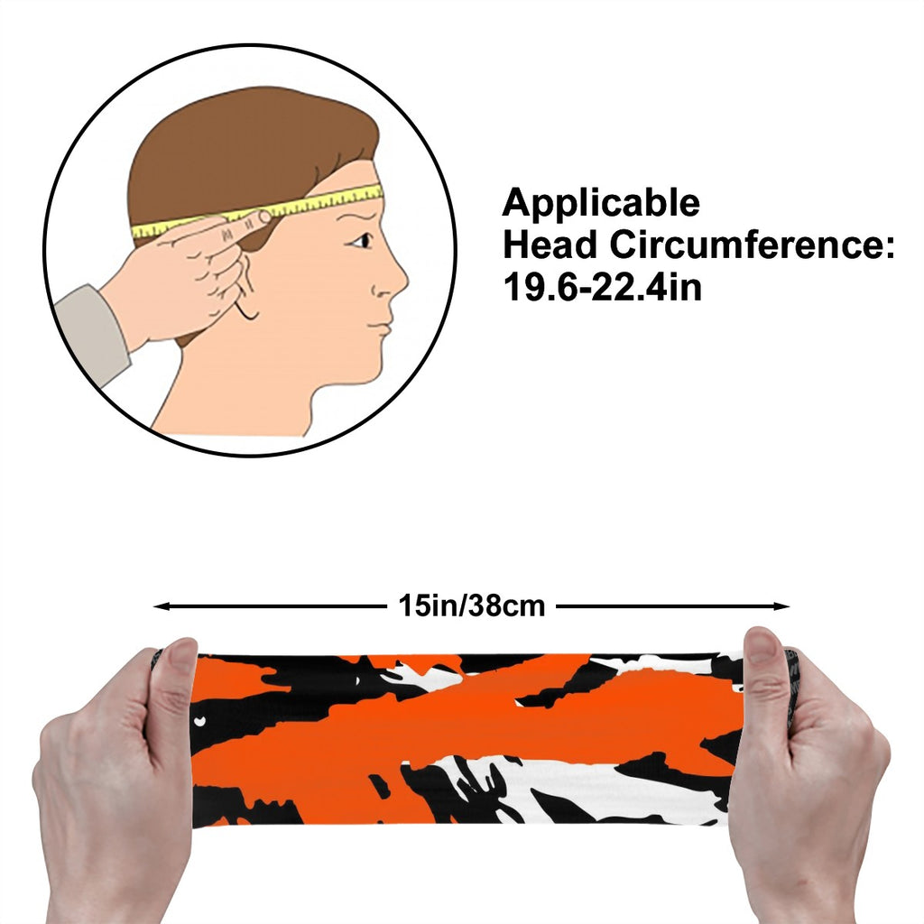 Athletic sports sweatband wide headband for youth and adult football, basketball, baseball, softball, gym workout, printed with orange, black, and white colors. 