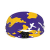 Athletic sports sweatband wide headband for youth and adult football, basketball, baseball, softball, gym workout, printed with purple, yellow, and white colors. 
