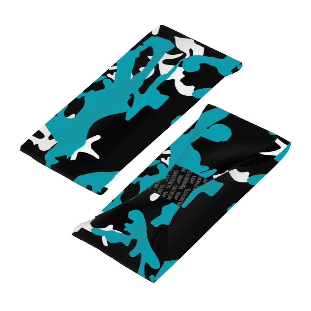 Athletic sports sweatband wide headband for youth and adult football, basketball, baseball, softball, gym workout, printed with turquoise, black, and white colors. 