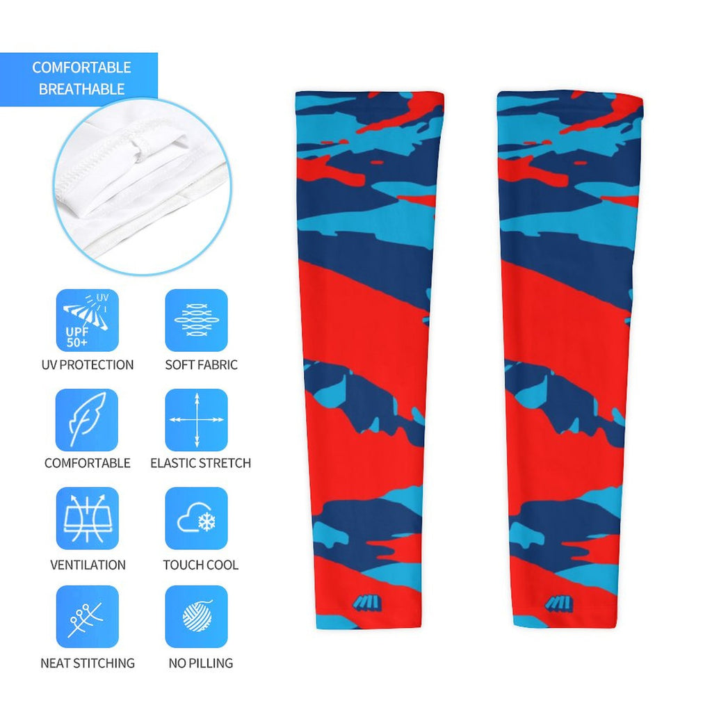 Athletic sports compression arm sleeve for youth and adult football, basketball, baseball, and softball printed with predator red, baby blue, and blue colors. 