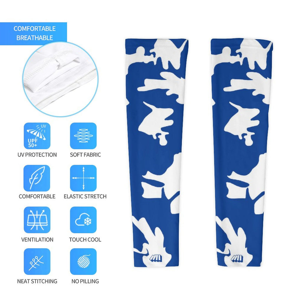 Athletic sports compression arm sleeve for youth and adult football, basketball, baseball, and softball printed with camo blue and white colors.