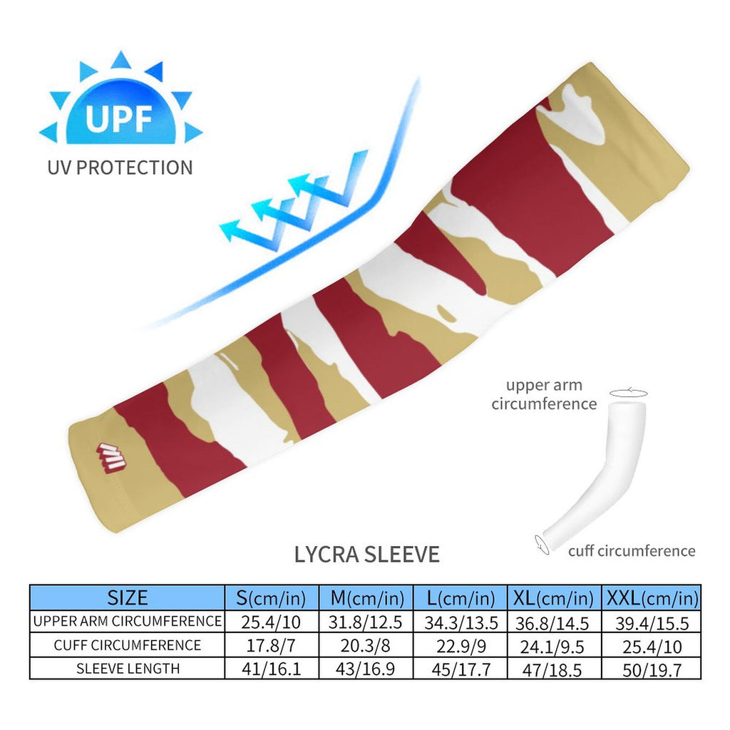 Athletic sports compression arm sleeve for youth and adult football, basketball, baseball, and softball printed with predator maroon, gold, and white colors.