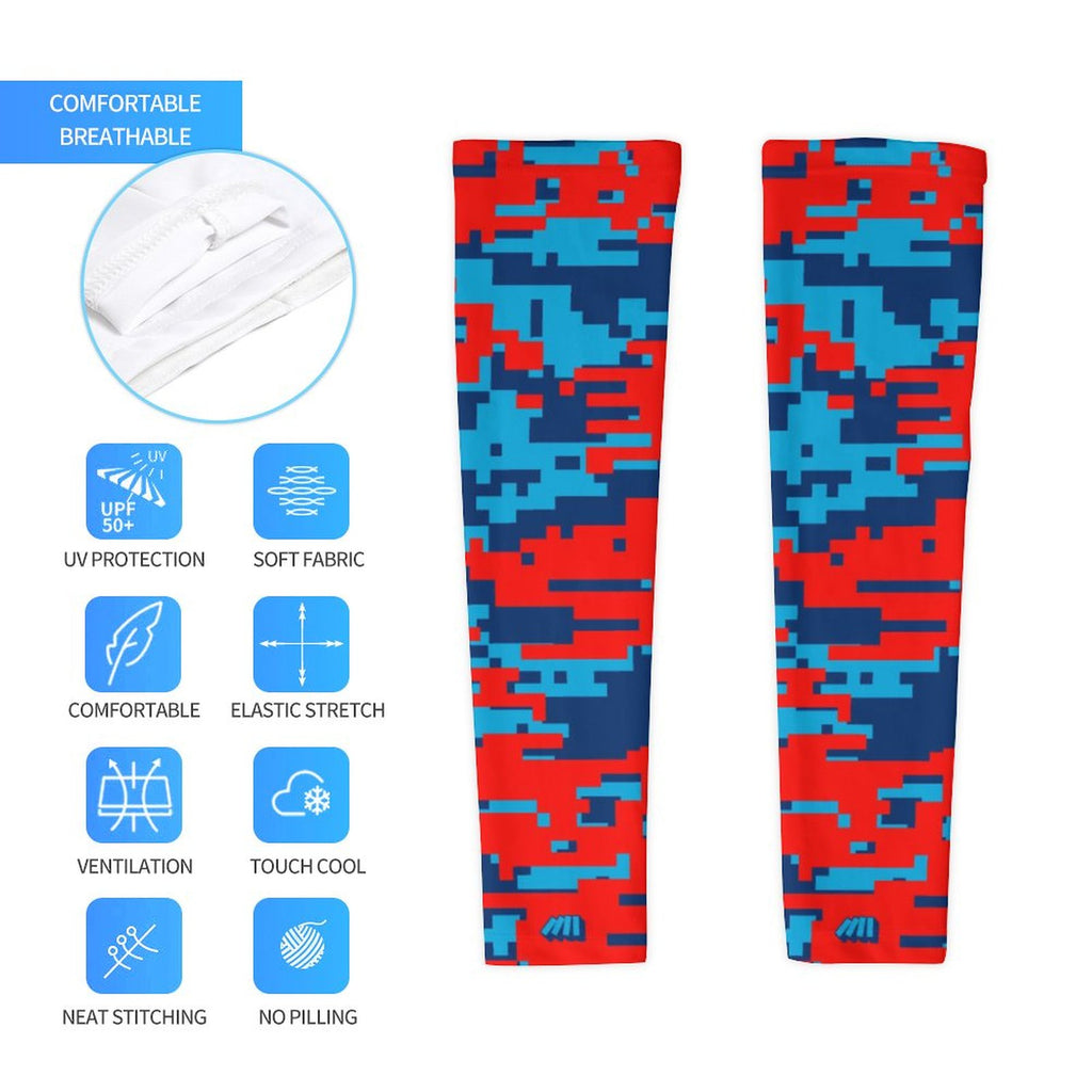 Athletic sports compression arm sleeve for youth and adult football, basketball, baseball, and softball printed with digicamo blue, light blue, and red colors. 